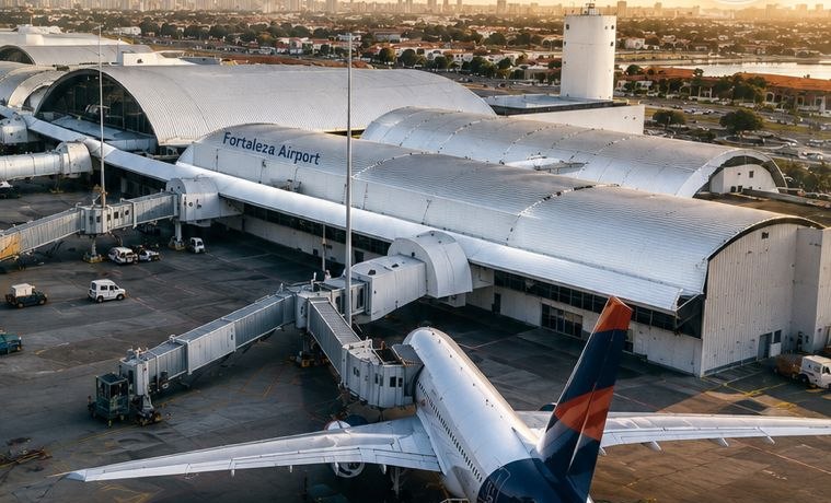 Aeroporto Internacional de Fortaleza com cobertura curva em telha termoacústica sanduíche em arco, terminal e aeronave ao entardecer