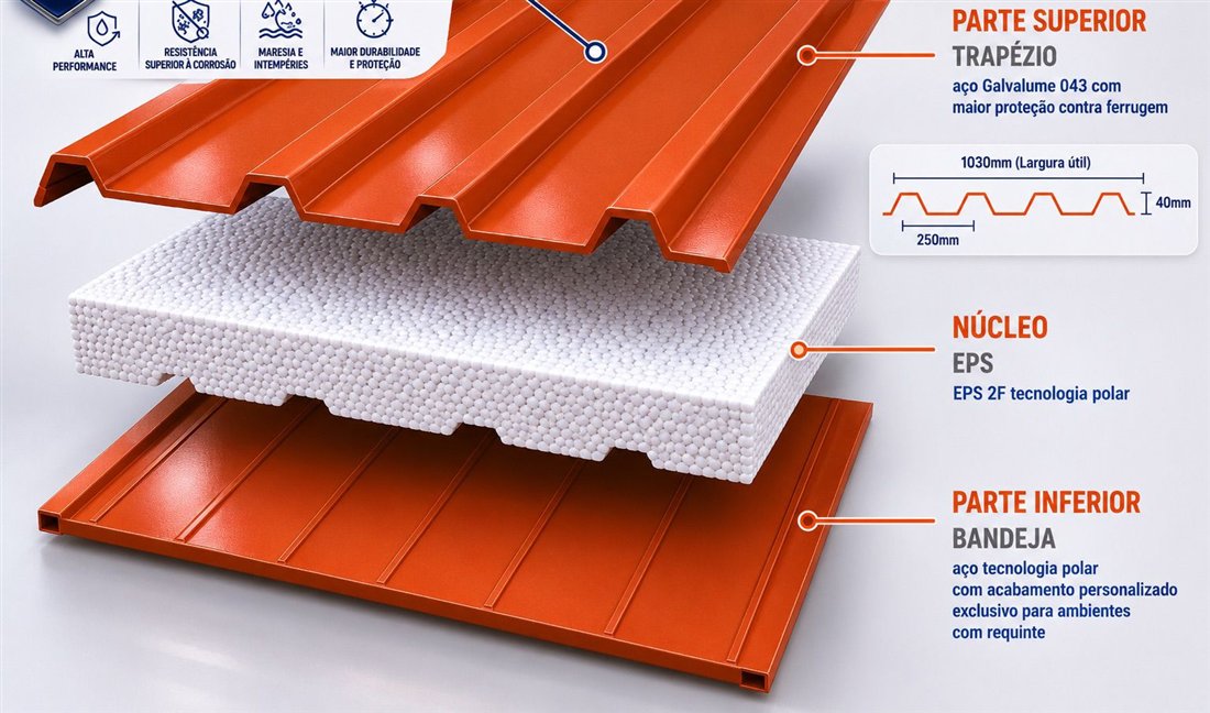 Composição da telha sanduíche em três camadas: face superior trapezoidal em aço, núcleo de EPS e face inferior lisa (bandeja)