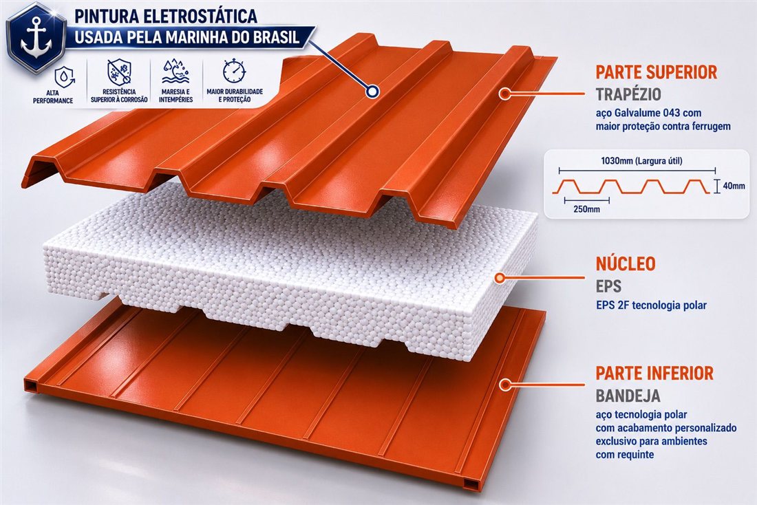 Infográfico da composição da telha sanduíche: face superior trapézio em aço galvalume 0,43 mm, núcleo EPS de 40 mm e face inferior bandeja, largura útil 1030 mm